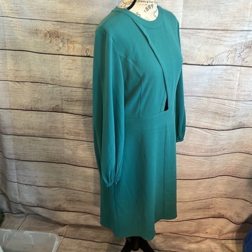 Tibi Savanna Cutout Dress NWT Long Sleeves Keyhole Waist Teal Lined Size 10 - Picture 6 of 14